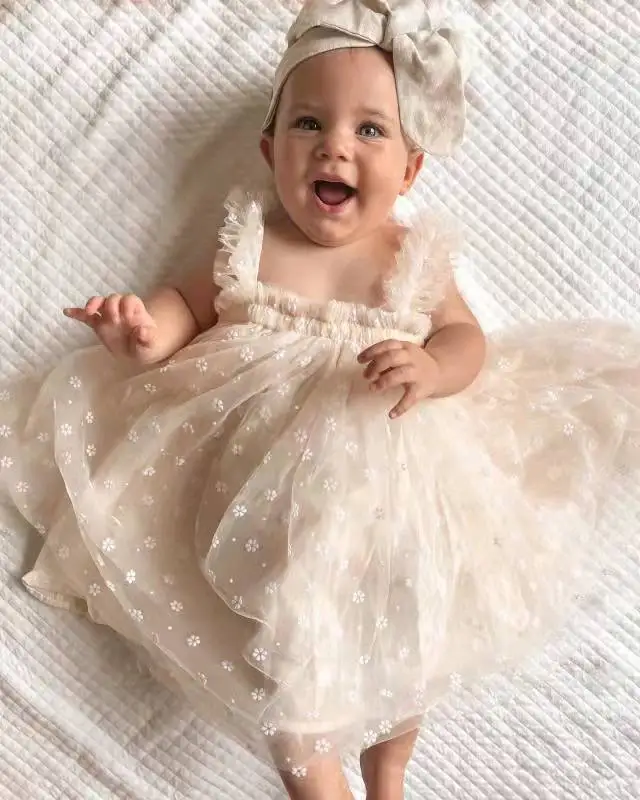 

Baby Girl Summer Clothes Sleeveless Daisy Floral Layered Mesh Dress Beach Wedding Party Tutu Dresses for Toddler Girls