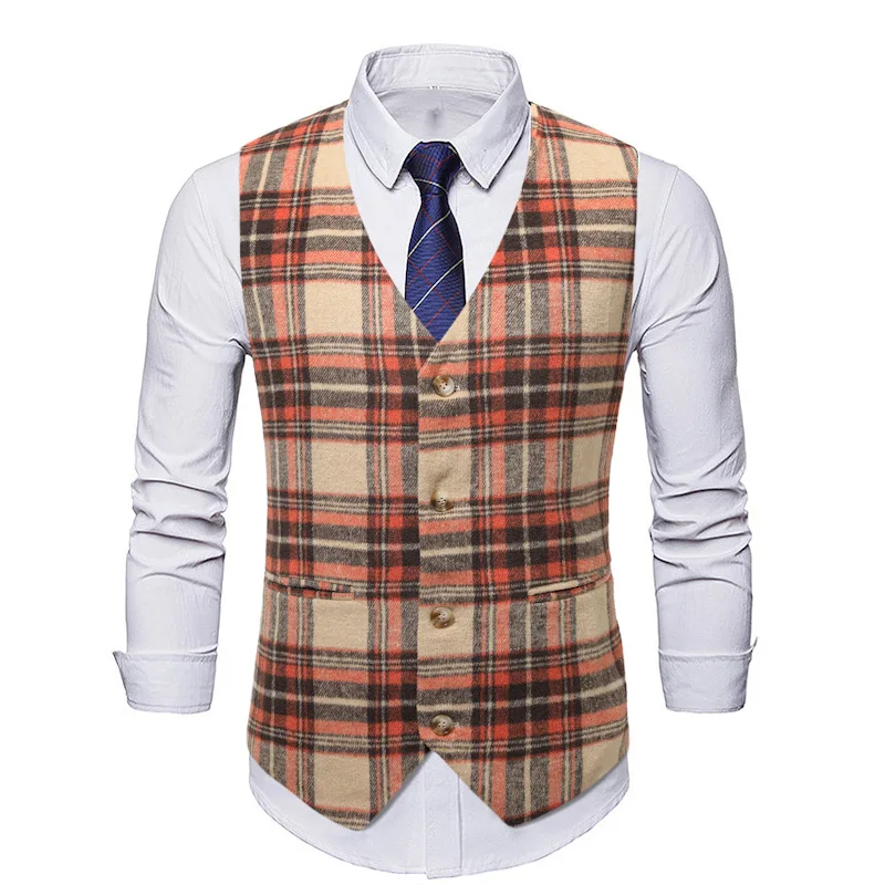 

Mens Khaki Plaid Herringbone Tweed Suit Vests Wool Blend V Neck Vest Waistcoat Men Wedding Groosmen Prom Tuxedo Vest Gilet Homme