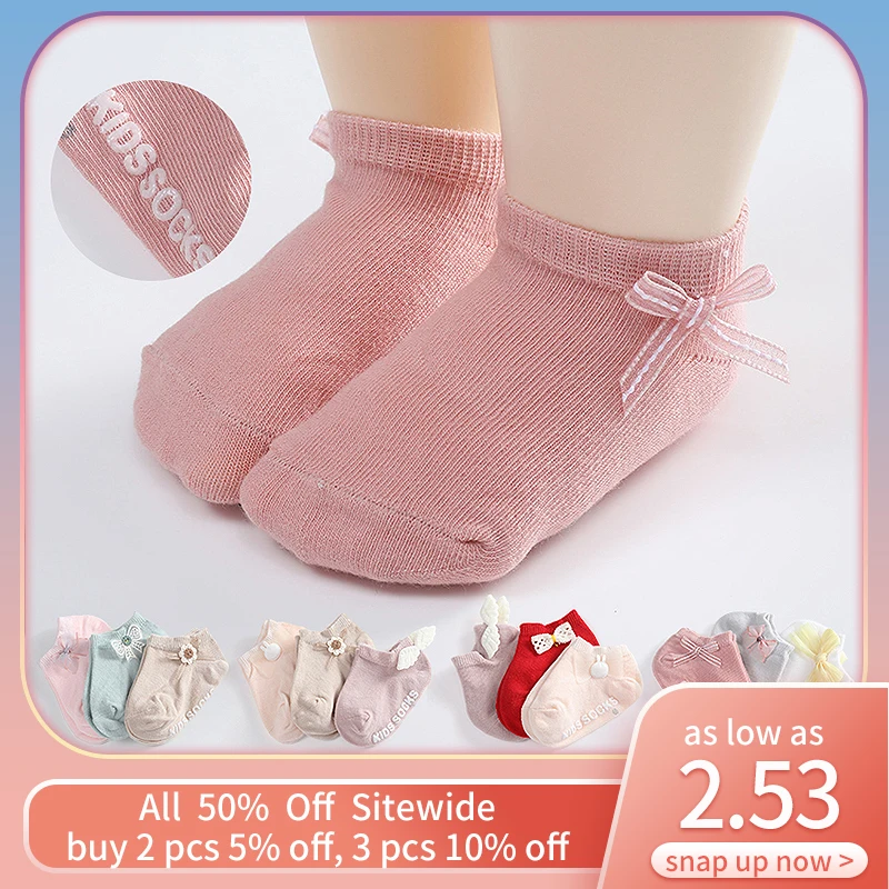 

3Pairs Baby Cotton Socks Lace Bow Flower Wings Decor Princess Toddler Sock Breathable Sweat Infant Dress Socks Children Sokken