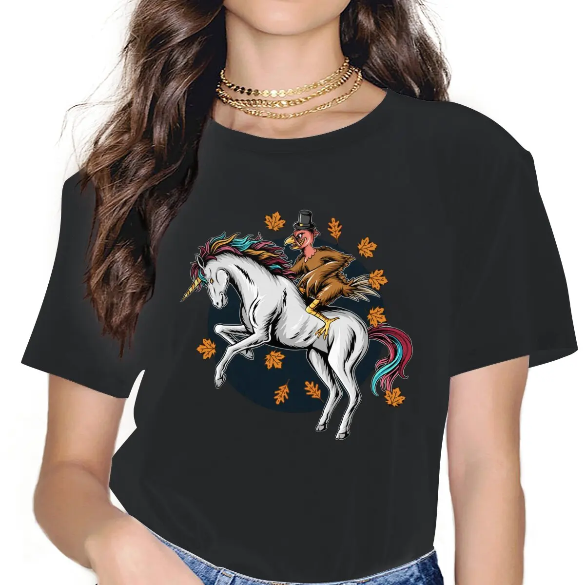 

Turkey on Thanks Giving Day Riding A Unicorn Women Clothing Popularity Trend Graphic Female Tshirts Vintage Loose Tops Tee