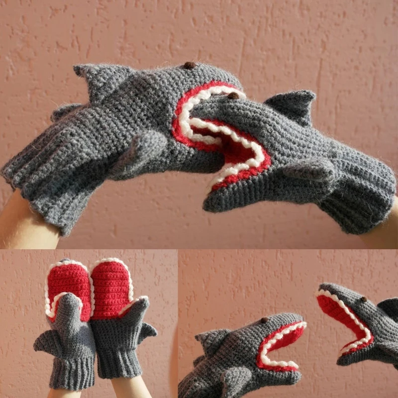 

Christmas Gift Cute Shark Mittens Handmade Crochet Knit Cozy Shark Shaped Mittens Animal Gloves