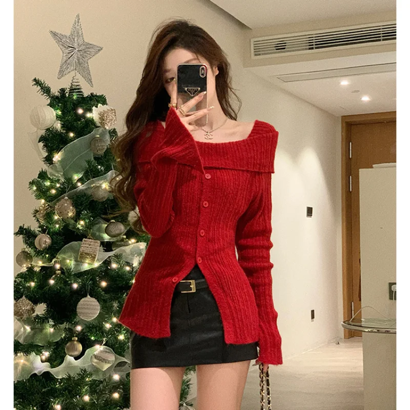 

Рождественский красный жареный уличный свитер, женский осенне-зимний топ с квадратным вырезом, вязаное нижнее пальто, свитер