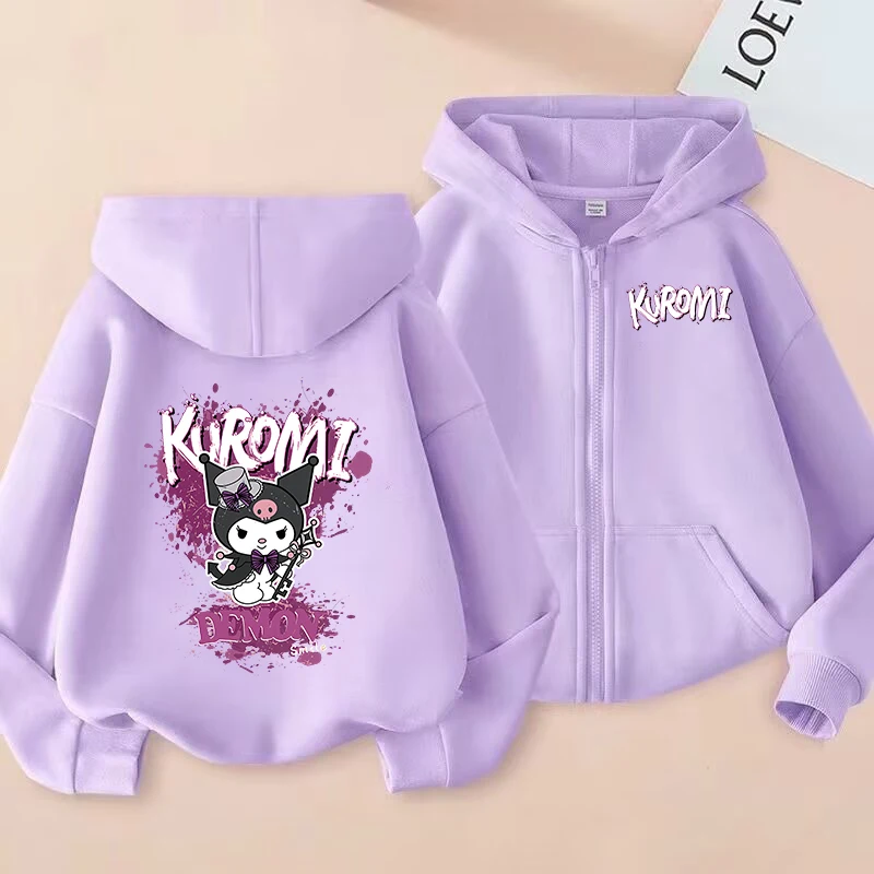 Kuromi Kids Zipper Coats Anime Sanrio Boys Girls Sweatshirts Fall Spring Children Thin Hooded Jackets Kawaii Outerwear Gift New