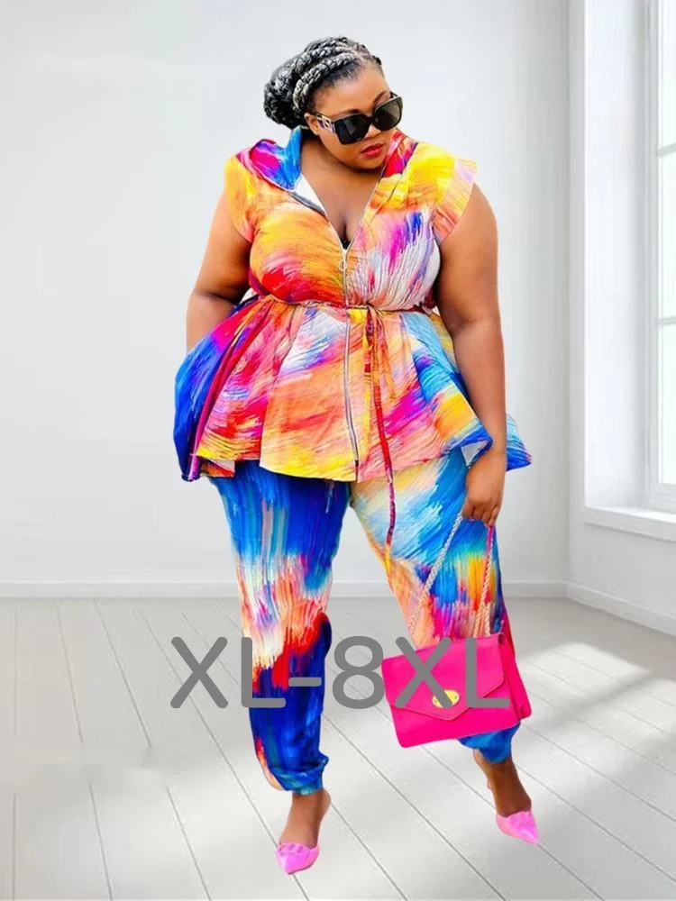 Plus Size Women Clothing Two Piece Set Hoodies Tie Dye Casual Loose Top and Pants Matching Suit Wholesale 3xl 4xl 5xl 6xl