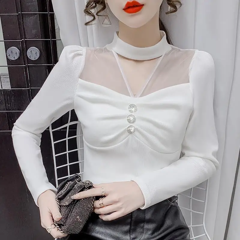 

Fashion Korean Mesh Spliced Hollow Out Tops Women's Clothing Spring Autumn All-match Simplicity Solid Long Sleeve Slim T-shirt