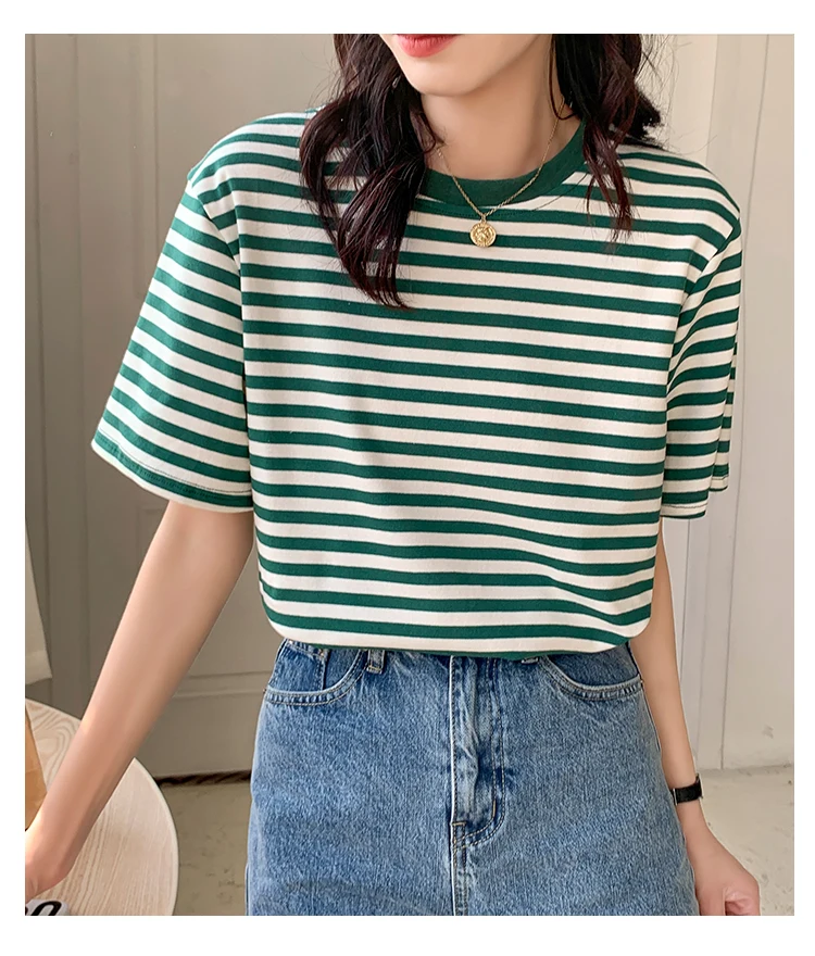 

Striped Woman Tshirts Y2k Tops 2022 Summer Office O-Neck Casual Korean Cotton Top Fashion Harajuku Clothing Loose Tees
