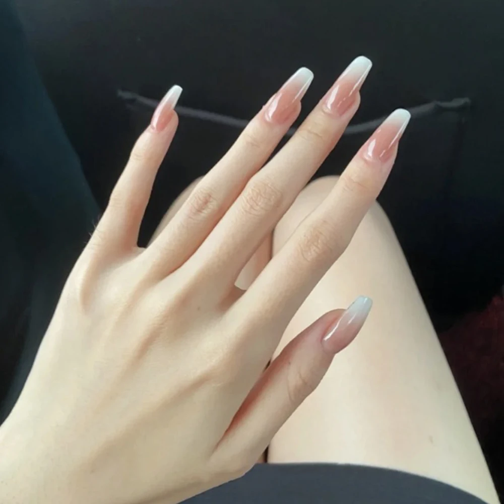 

Набор длинных накладных ногтей балерины, 24 шт., накладные ногти с розовым и белым градиентом, носимые гвозди, накладные ногти с полным покрытием, накладные ногти