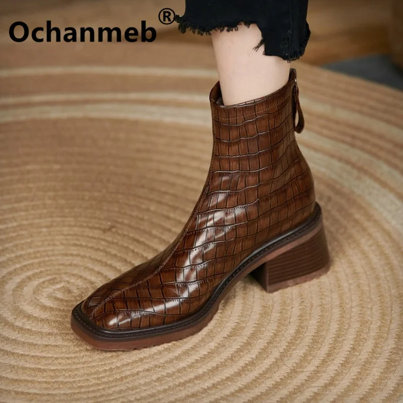 

Ochanmeb Women Crocodile-skin Genuine Leather Boots Women Square Toe Block Heels Zipper Ankle Boots Black Burgundy Autumn Winter