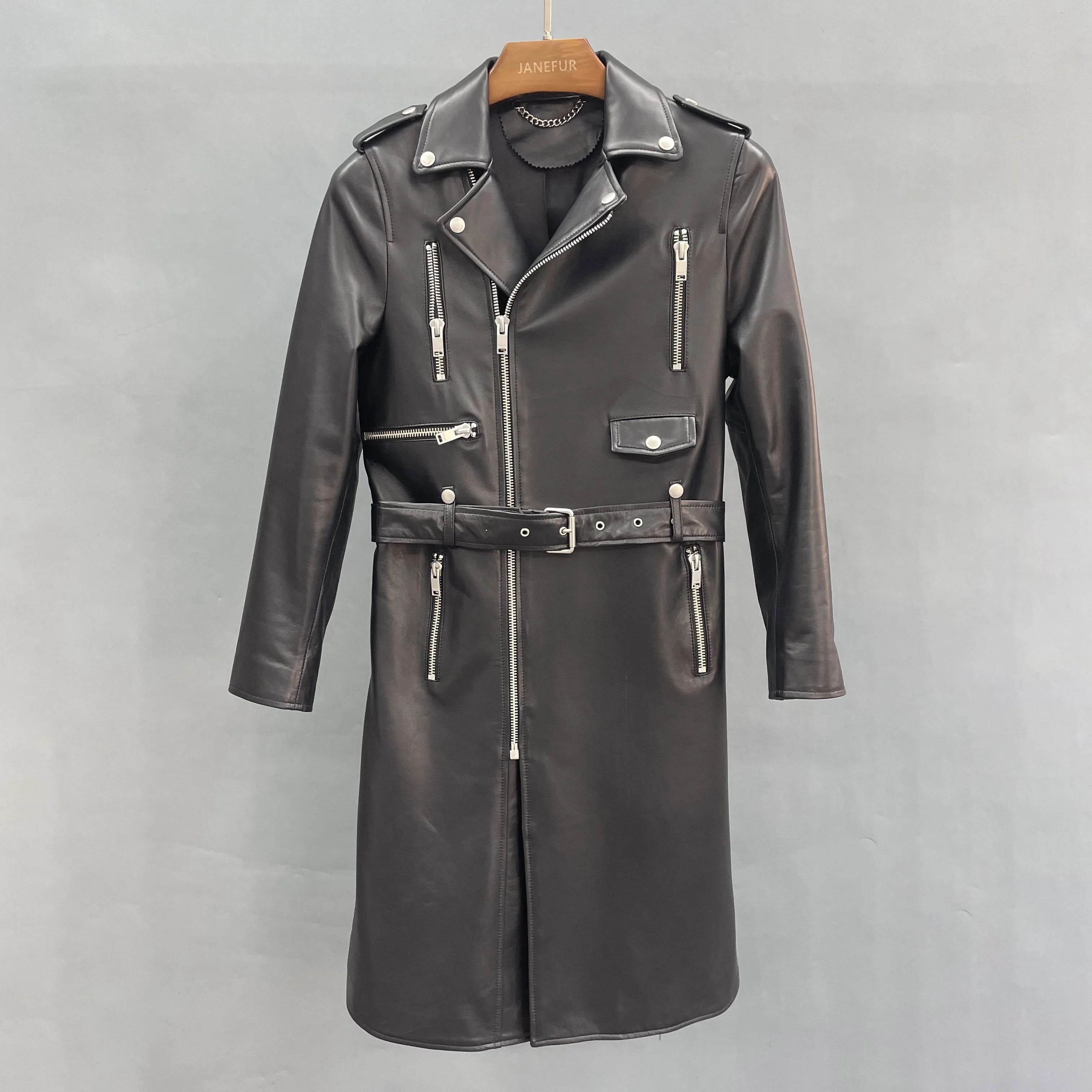 JANEFUR Women's Leather Jacket Long 2023 Black Real Sheepskin Coat with Belt Chic High Street Ladies Fall Winter Outerwears enlarge