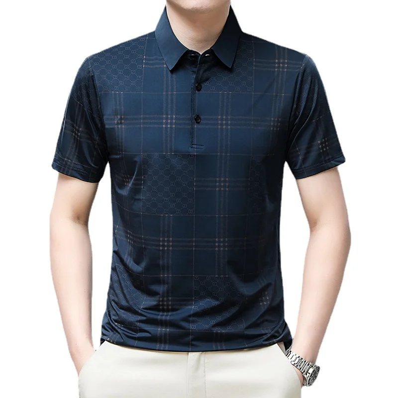 

Мужская деловая Повседневная рубашка-поло с коротким рукавом, облегающая Однотонная рубашка-поло с принтом и лацканами, повседневная одежда для улицы и гольфа, 2023