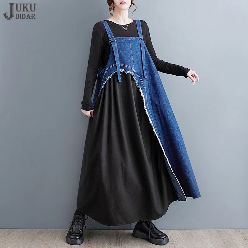 

Джинсовое платье без рукавов в стиле пэчворк, повседневное свободное джинсовое платье с длинными лямками, цвет голубой/черный, большие размеры, JJXD625, осень