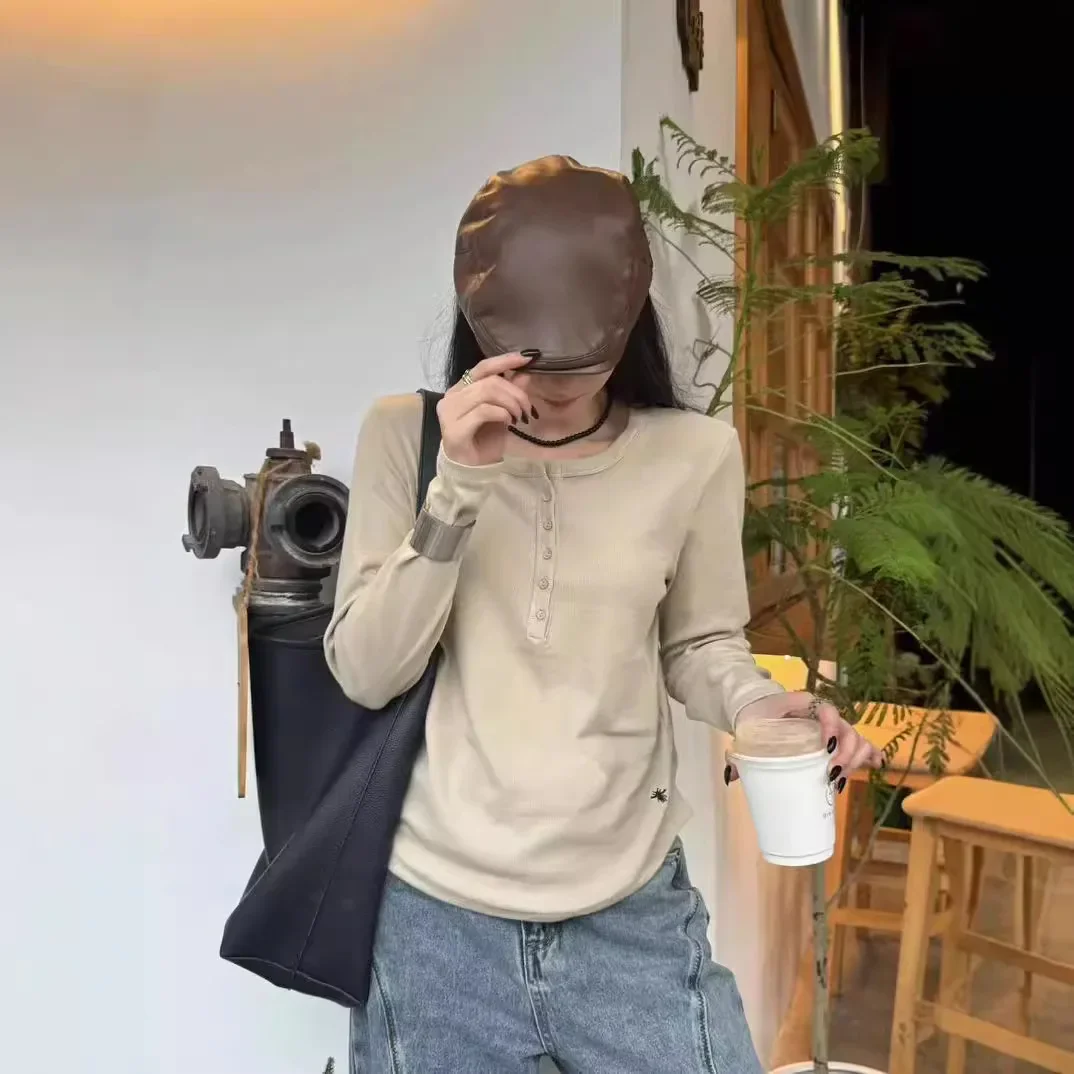 Элегантная футболка с длинным рукавом однотонная круглым вырезом простая модная