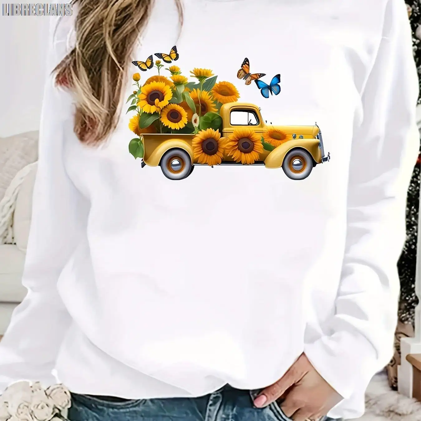 

LIBRECLANS 2023 Autumn New Women's Sunflower Print Loose Sweatshirt Comfortable and Fashionable Long Sleeve Round Sweatshirt