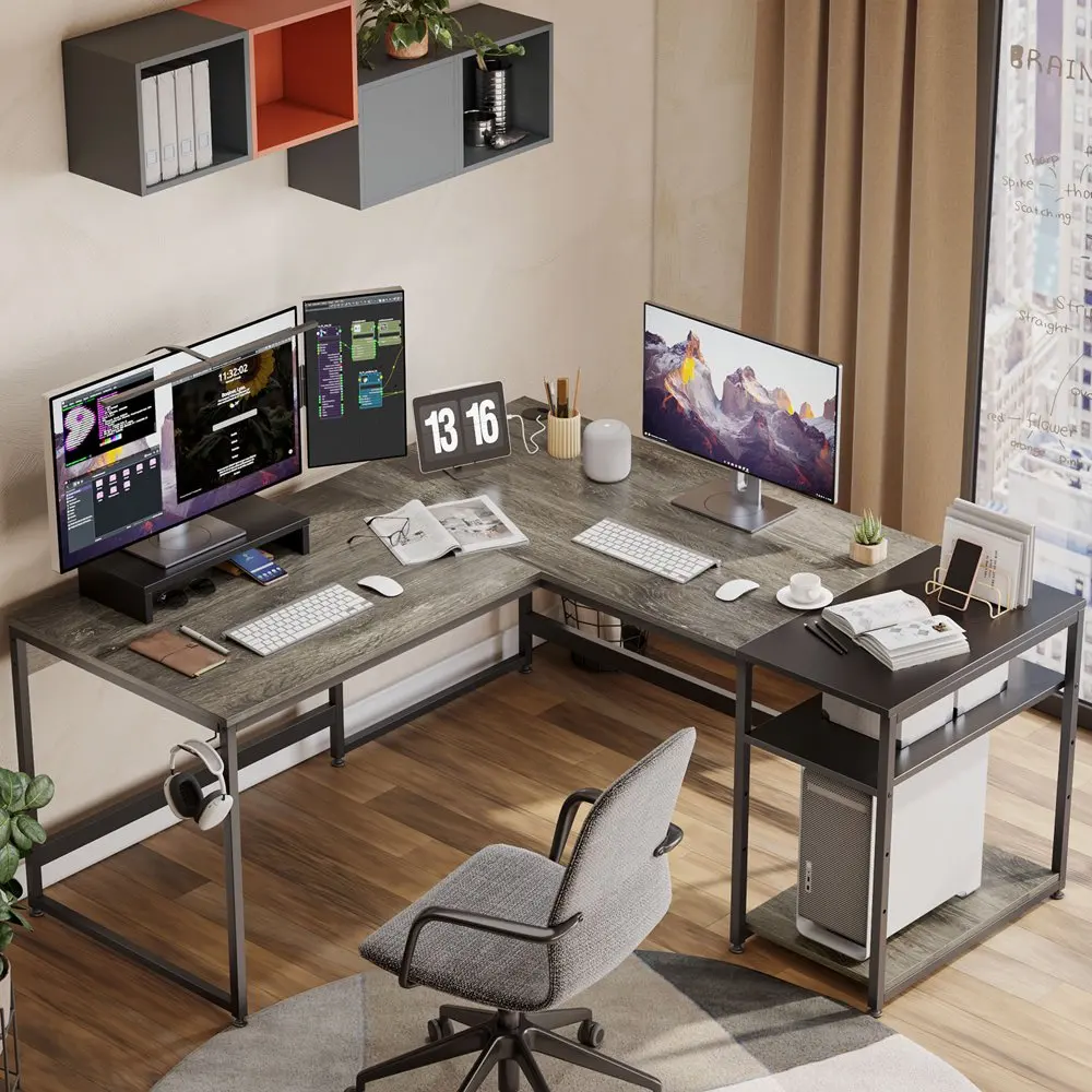 

94.5 inches L-Shaped Computer Desk Home Office Desk Corner Desk with Monitor Stand 2 Tier Shelve Gray