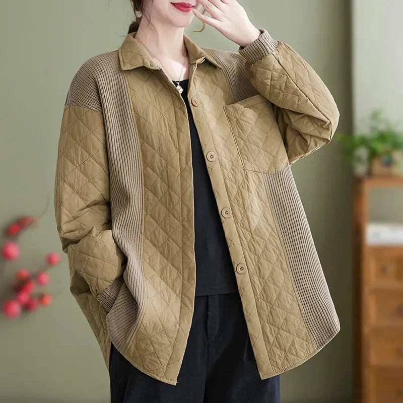 

Женская Стеганая куртка-рубашка, повседневная черная свободная вязаная кофта большого размера в корейском ретро-стиле, Осень-зима