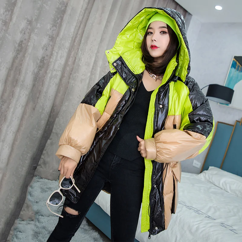 Fashion Contrasting Color Shiny Hooded Down Padded Jacket Women's 2022 New Fall Winter Coat Loose Big Pocket Warm Bread Jacket