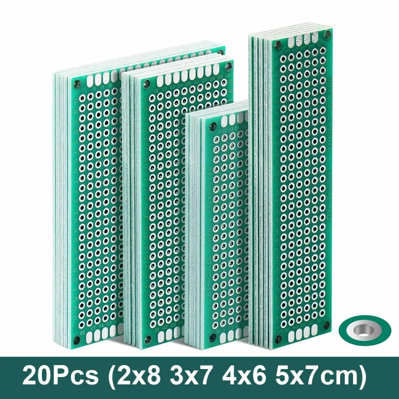 

20pcs PCB Prototype Board Circuit Protoboard Universal Stripboard Prototyping Veroboard 2X8 3X7 4X6 5X7 5Pcs Each Mixed Green