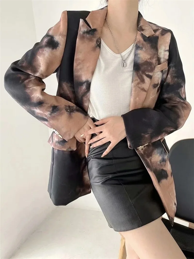 Ink Printed Patchwork Blazer 2021 Women Vintage Single Button Mid-Length Casual Office Blazer Suit New Fashion Streetwear Simple