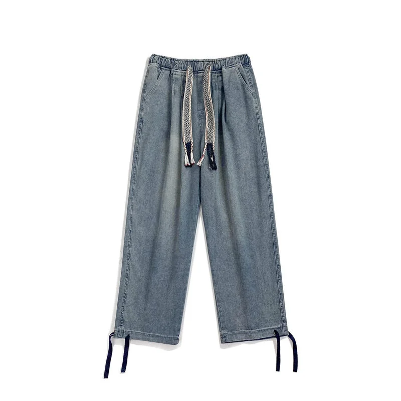 Oversized Jeans Men Fashion Drawstring Casual Wide Leg Jeans Mens Japanese Streetwear Hip Hop Loose Straight Denim Trousers Men