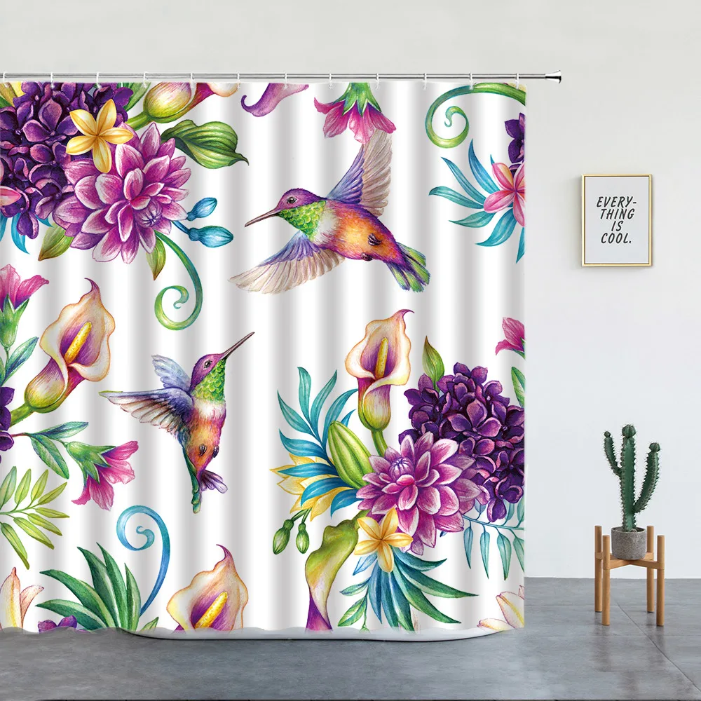 

Bird Flowers Shower Curtain Calla Lily Hummingbird Decor Vintage Garden Nature Floral Fabric Bathroom Curtains Sets Purple Green