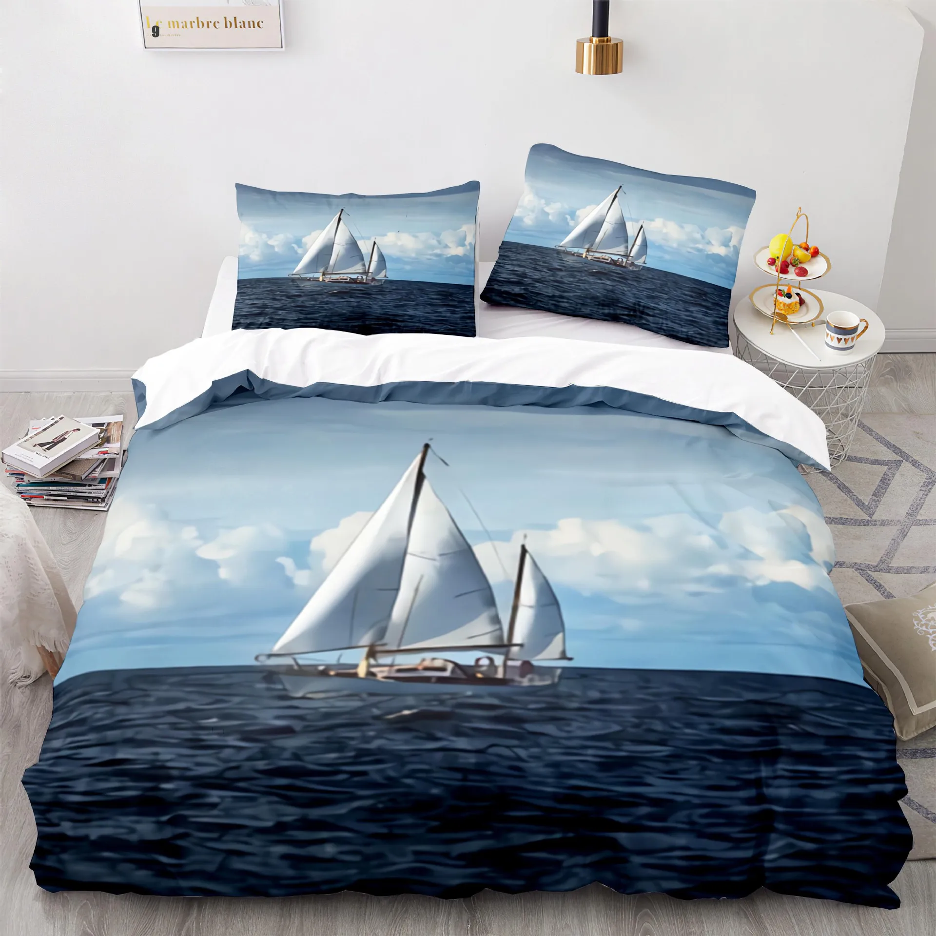 Wave Duvet Cover Set,Sea Ocean Nautical Bedding Set Sailboat Comforter Cover,Queen/King/Full/Twin Size Polyester Quilt Cover