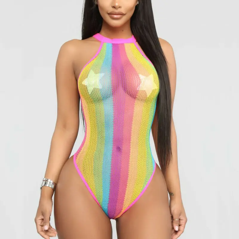 

2020 Summer Sexy Women Fishnet One-Piece Swimsuit Ladies Swimwear Monokini Push Up Rainbow Striped Bathing Suit Swimming Costume
