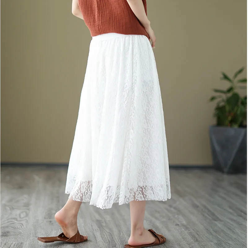 Женская летняя Свободная юбка трапециевидная длинная ажурная Двухслойная с