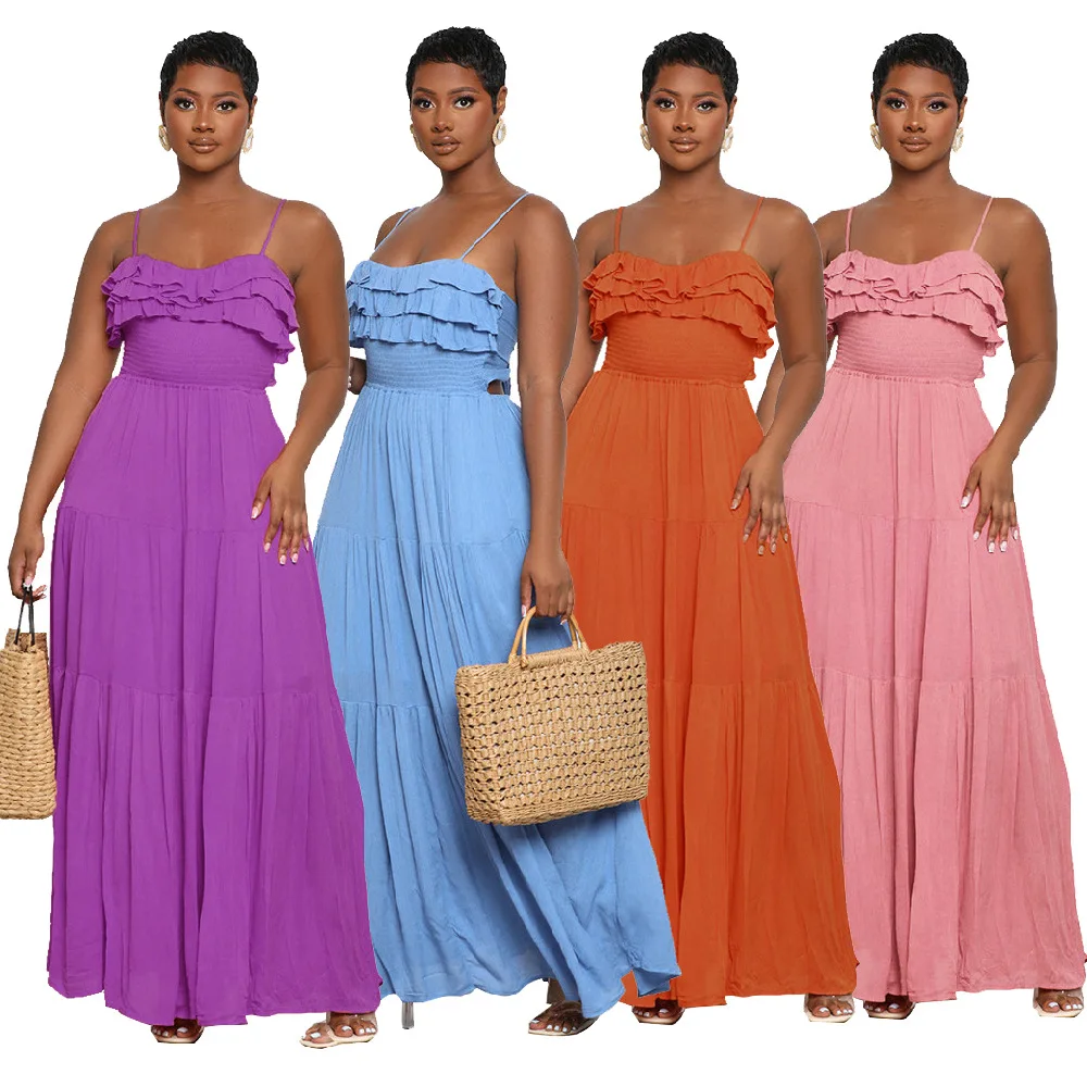 

SKMY New Summer Beach Outfits Long Dress Ruffles Spaghetti Strap Backless Bandage Bow Hollow Out Solid Color Dress For Women