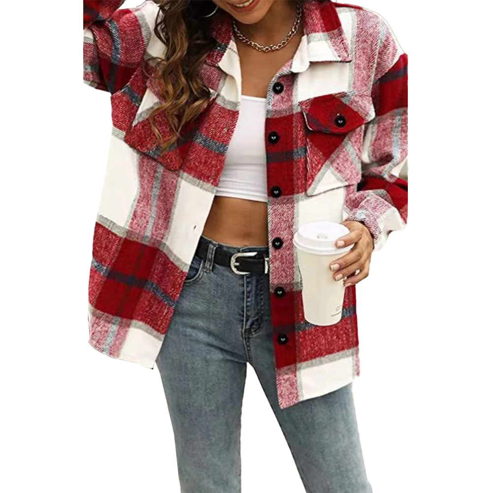 

New Ladies Check Fleece Thickened Woolen Winter Jacket Baggy Tartan Tops Casual Fashion Long Sleeved Shirts Coat For Women