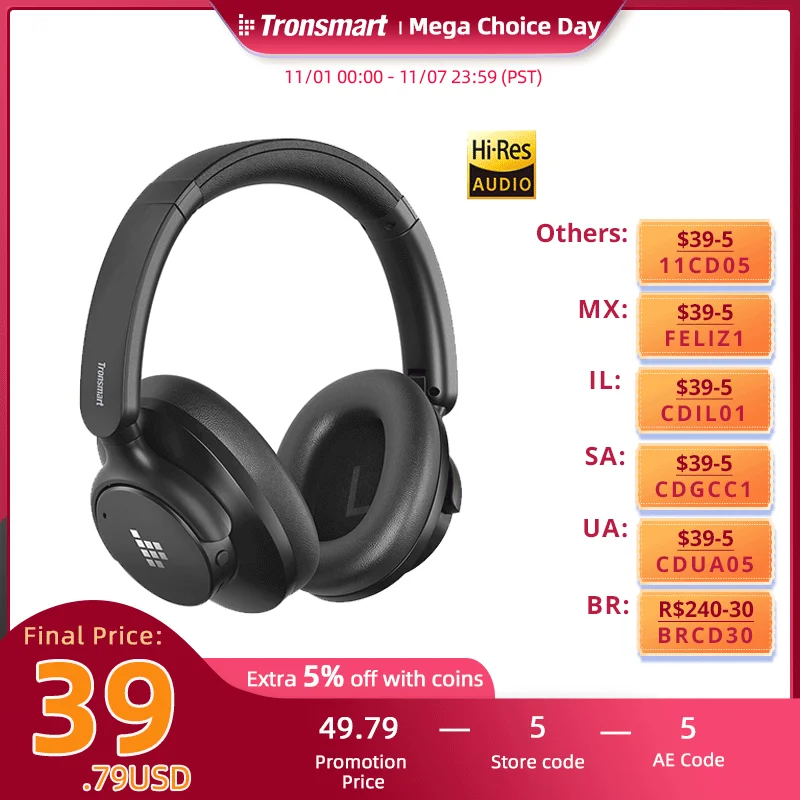 наушники беспроводные Bluetooth-наушники Tronsmart Sounfii Q20S с активным шумоподавлением