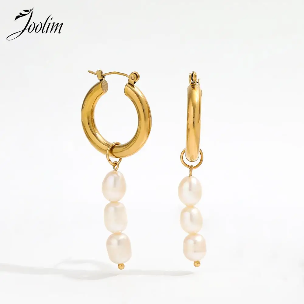

JOOLIM Jewelry High End PVD Wholesale Elegant Three Freshwater Pearl Taeesl Dangle Huggie Stainless Steel Earring For Women