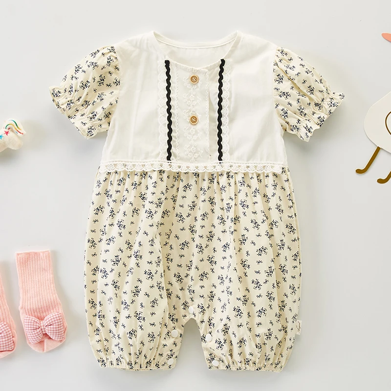 

Toddler Baby Girl Romper Short Sleeve Cotton Printing Splicing Newborn Baby Girls Jumpsuit Baby Girls Clothes For Summer
