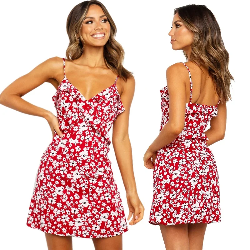 

Женское мини-платье с цветочным принтом, V-образным вырезом и открытой спиной