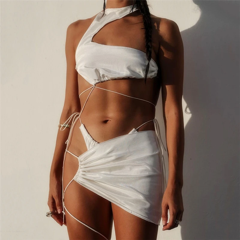 

Women Outfits Sexy Sleeveless Halter Crop Tops Thong and Mini Wrap Skirt Set Summer Clothes Bandage Bodycon 2Pcs Club Streetwear