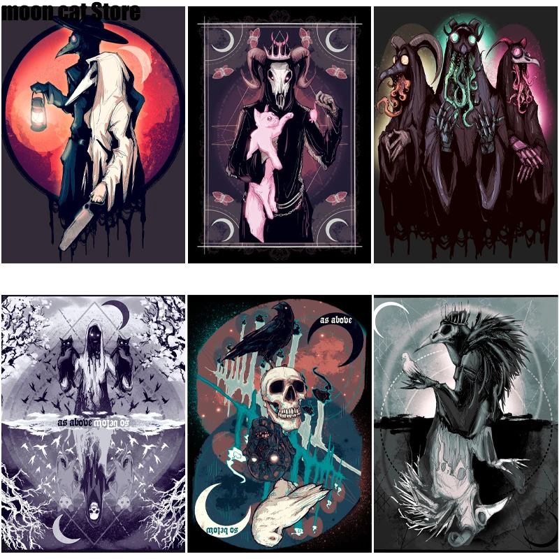 

Cthulhu Gothic Wizard Cat Skull Crow Vintage Wall Art Canvas Painting Home Decor Mystery Skull and Crow Poster Print Canva Decor