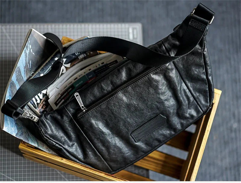 Casual genuine leather men's large-capacity chest bag outdoor real cowhide crossbody bags trend luxury black shoulder bag
