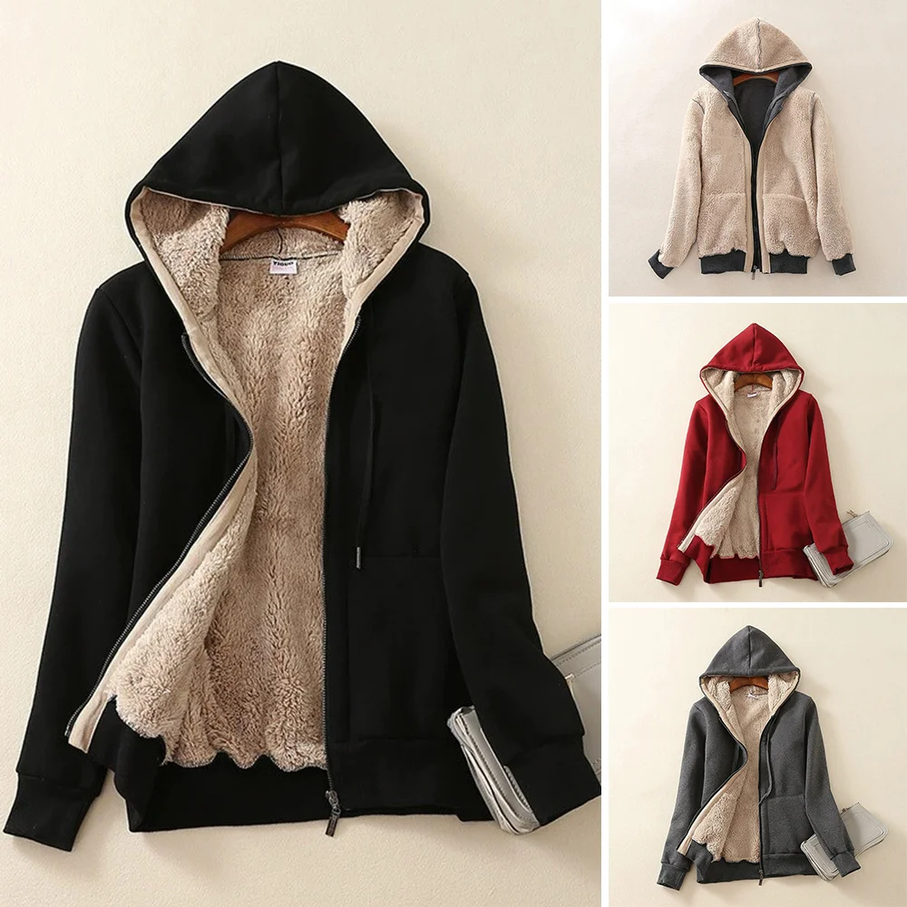 

Women's Thick Lined Hoodie Jacket with Pocket Drawstring Hood Front Zipper Warm Coat Unisex's Outwear Solid Color PR Sale