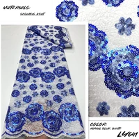 pgc african lace fabric 2022 royal blue indian sari textile high quality tulle 3d sequined lace fabric for wedding dress ly641