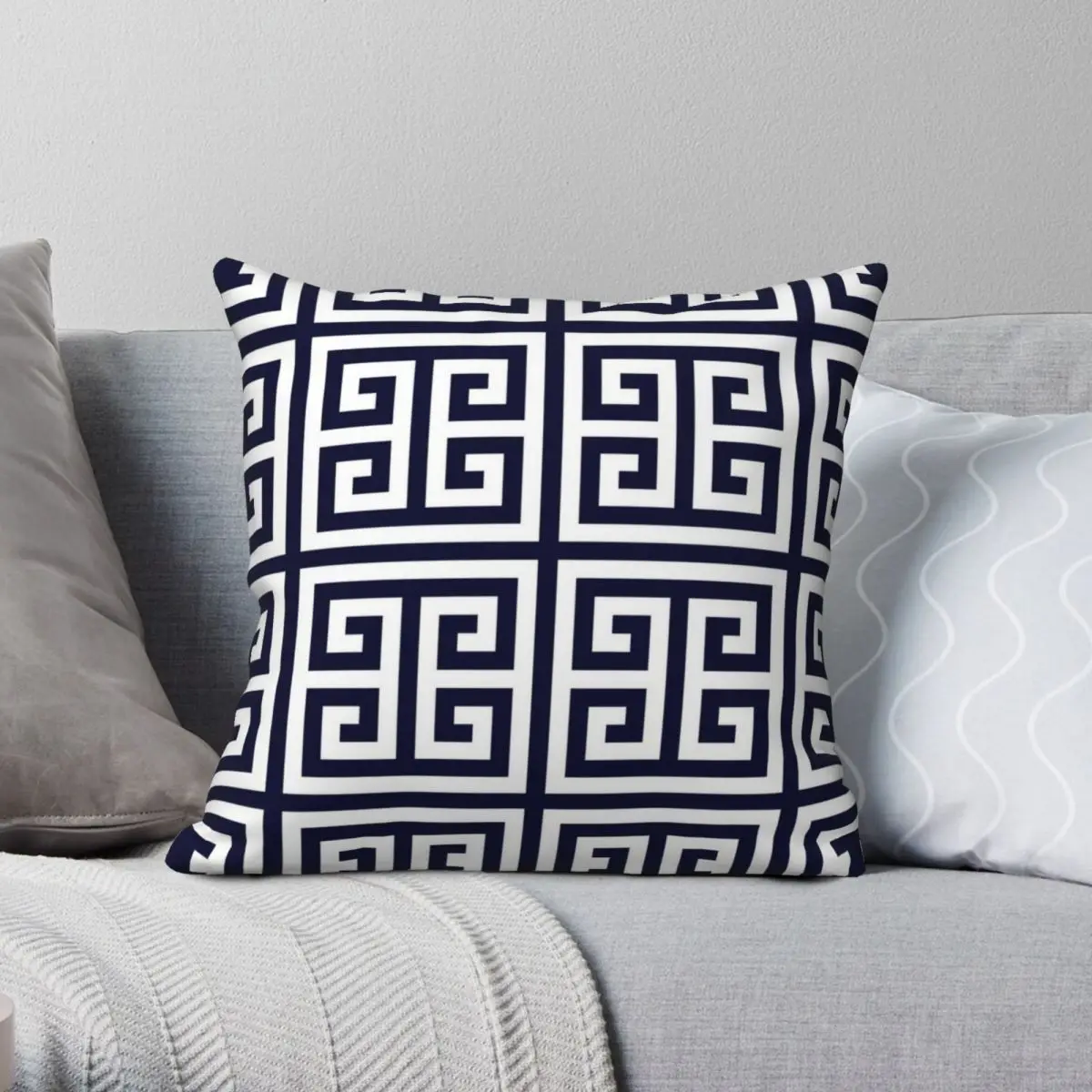 

Greek Key Navy Blue And White Square Pillowcase Polyester Linen Velvet Pattern Zip Throw Pillow Case Sofa Seater Cushion Cover