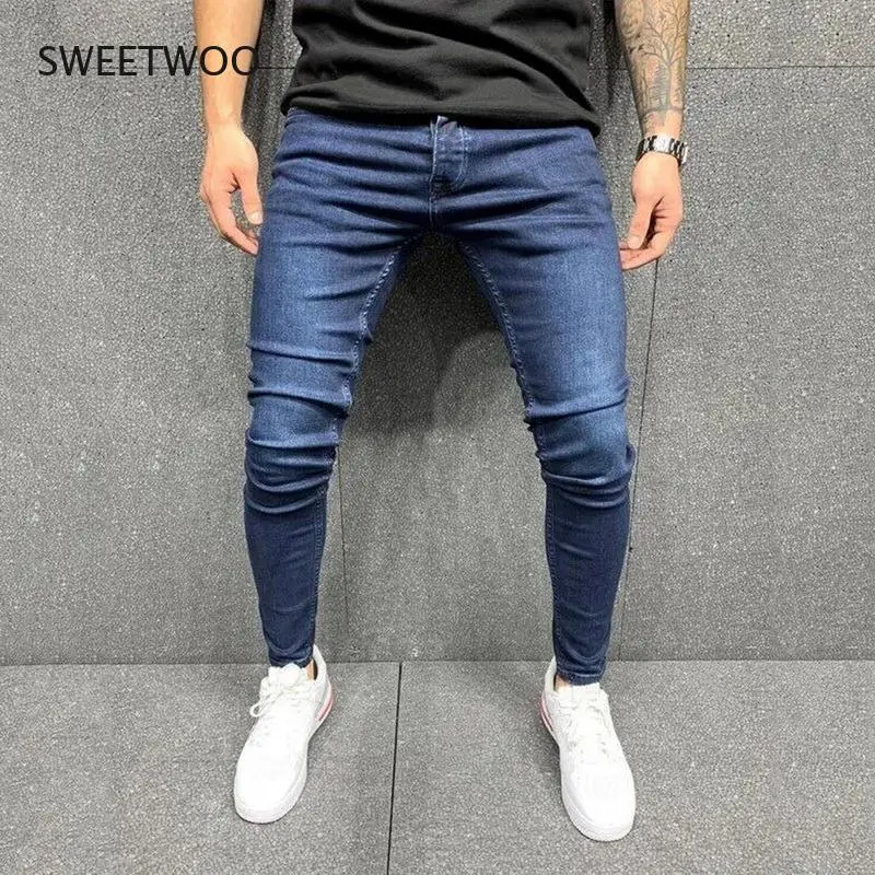 

Джинсы мужские облегающие в стиле ретро, модные однотонные черные брюки-карандаш в стиле хип-хоп, рабочие брюки, узкие эластичные джинсы