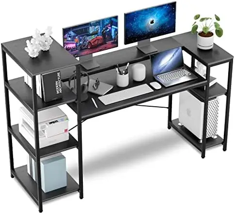 

Desk with Storage Shelves, 63 inch Home Office Desk with Monitor Stand and CPU Shelf, Modern Writing Desk Table with Bookshelf (