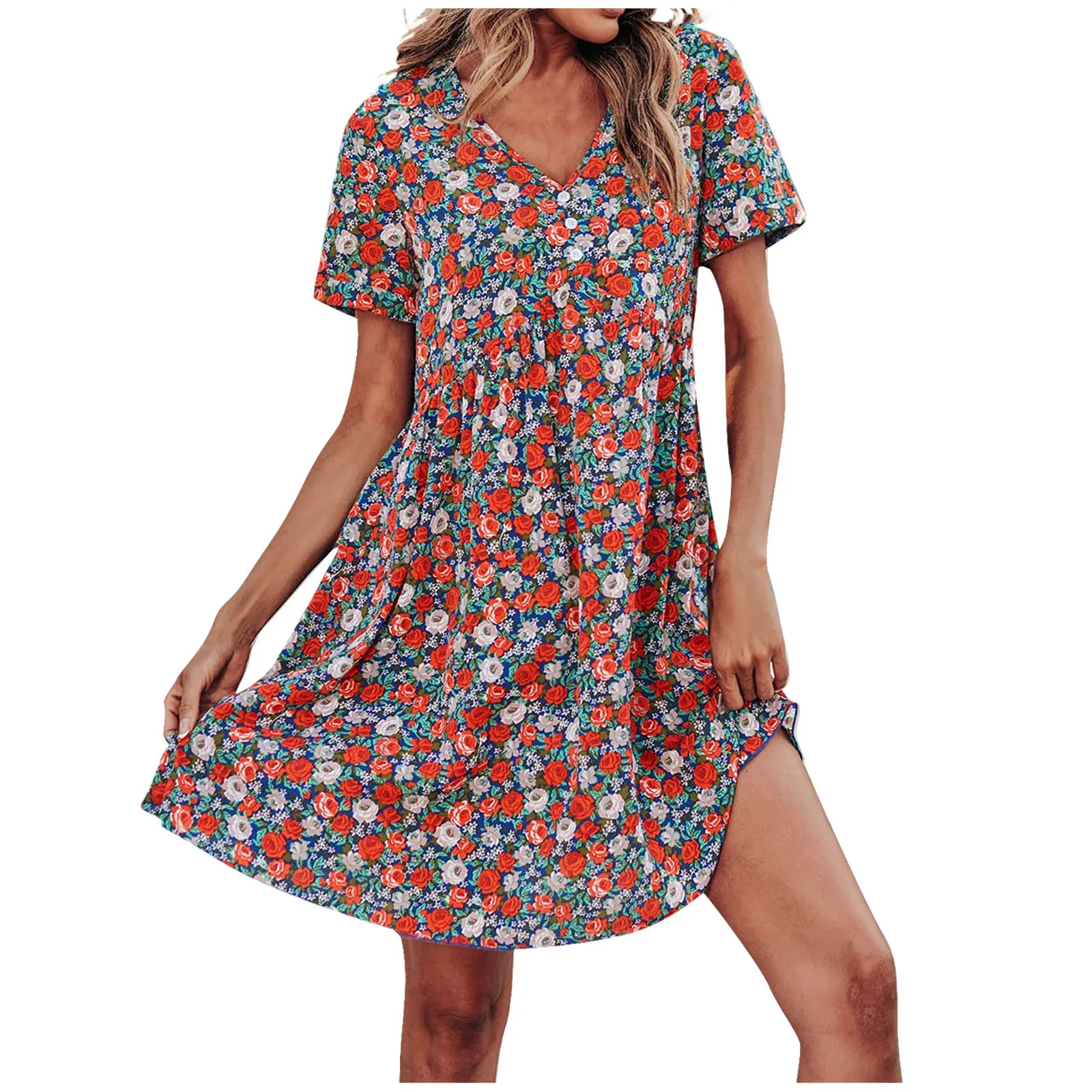 

2023 New Summer Bohemian Dress Retro Ruffles Dresses Short Sleeve O Neck Sundress Floral Printed Holiday Daily Beach Dresses
