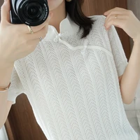 100 cotton summer womens new pullover short sleeve cutout design novel womens top t shirt traditional buckle fashion