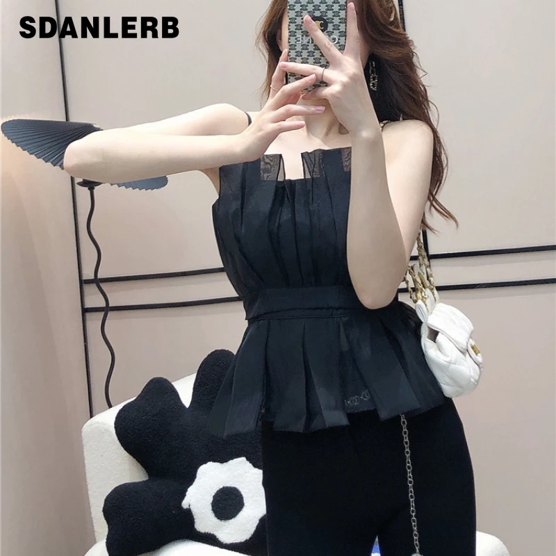 

Pleated High-Grade Vest Summer 2022 New Irregular Temperament Camisole Women's Fashion Solid Color Outer Wear Crop Tops