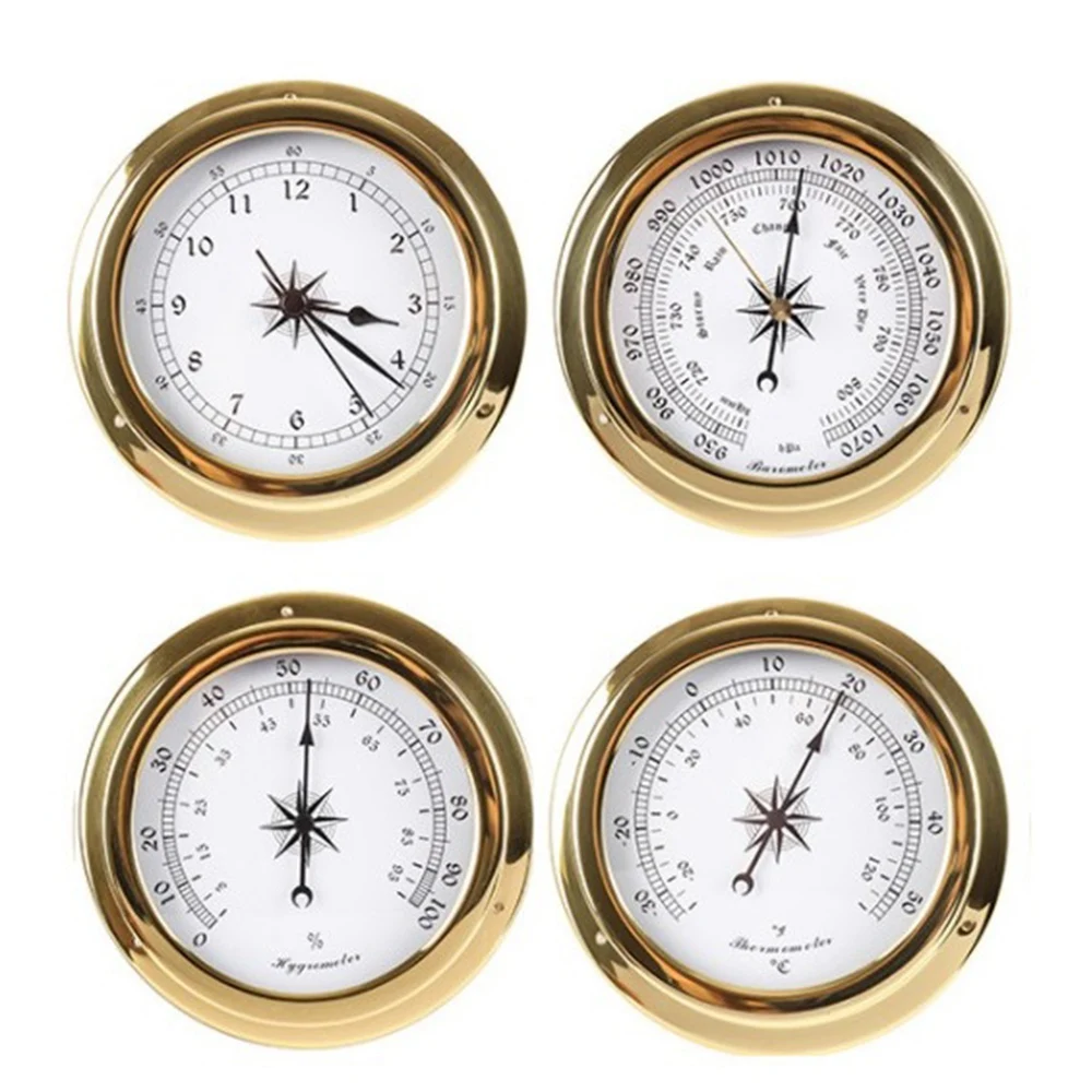 4Pcs Brass Case Weather Station Barometer Temperature Hygrometer Clock And Clock Tid 115Mm