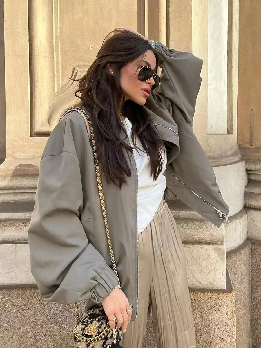 

Casual Solid Women's Bomber Jacket V Neck Front Matel Zipper Elastic Waist Long Sleeve Pilot Jackets Lady Streetwear Simple Coat