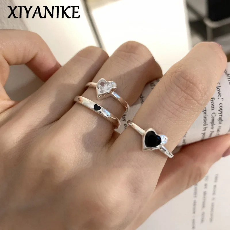 

XIYANIKE White Black Rhinestones Heart Cuff Finger Rings For Women Girl Korean Fashion New Jewelry Gift Party anillos mujer