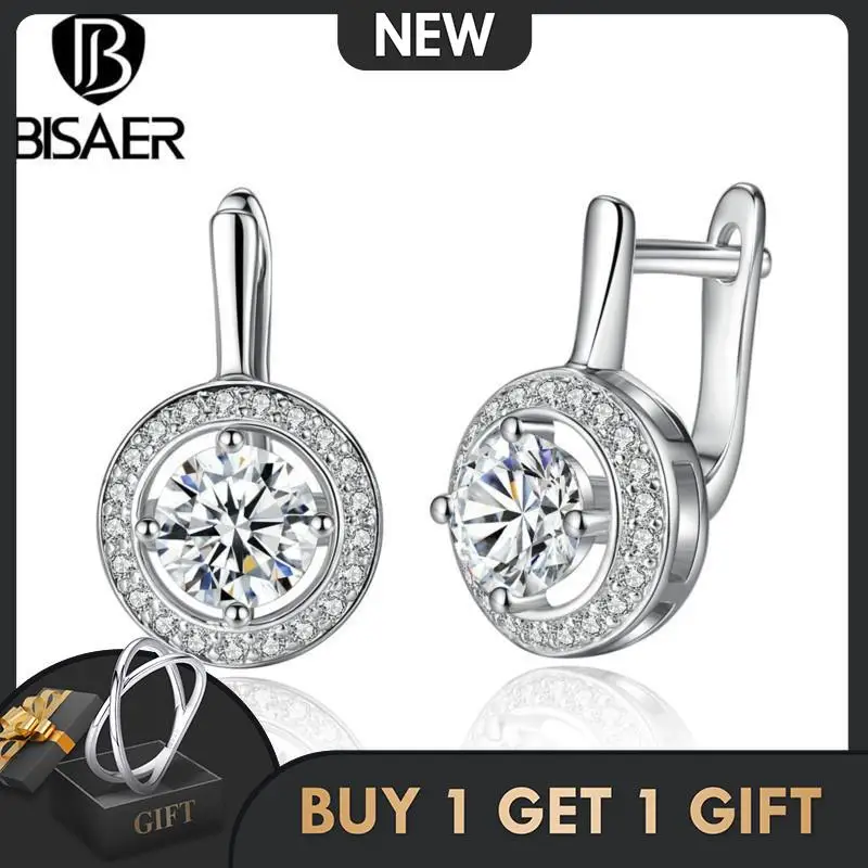 

BISAER Silver Stud Earring Big Rhinestone Round Shape Dangle Earrings For Women Party Wedding Fashion Ear Jewelry Gift WEYE106