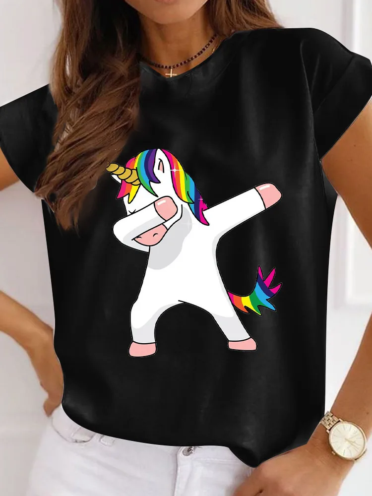 Купи Summer Funny Print Women T-shirt Graphic Black Fashion Tshirt Unicorn Short Sleeve Female Summer Tops Woman T-shirt Humor Tshirt за 191 рублей в магазине AliExpress