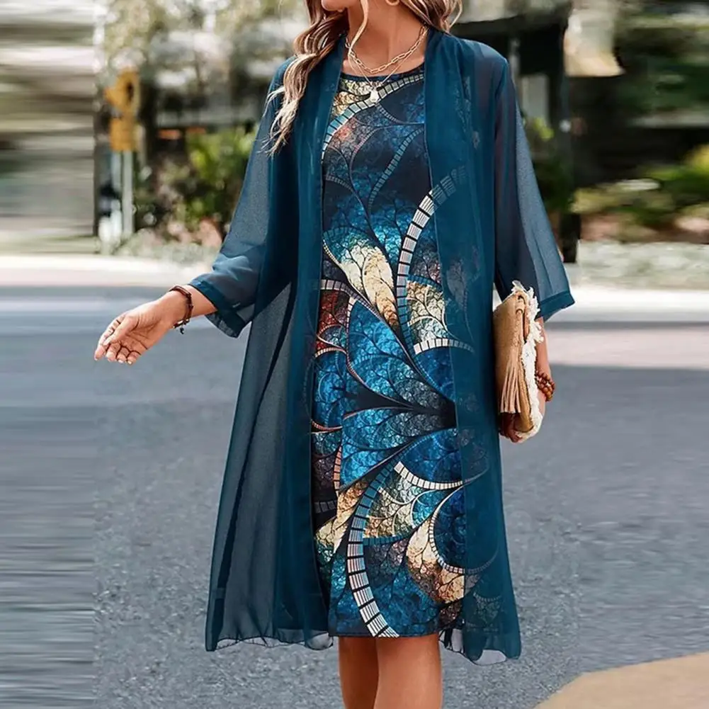 

1 Set Casual Beach Dress Sets Women Round Neck High Waist Two-Pieces Vintage Long Dress Sets for Women conjuntos para vestir